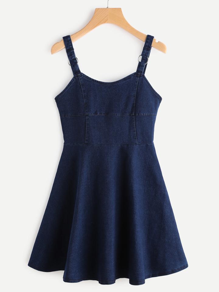 Romwe Ring Detail A-line Denim Cami Dress