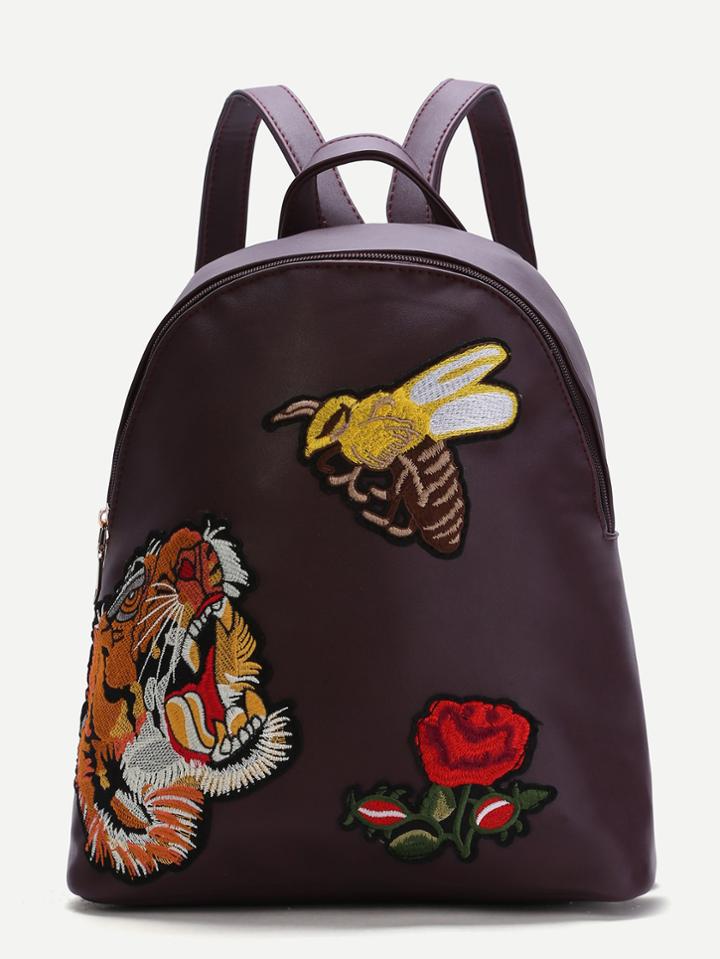 Romwe Burgundy Animal Embroidered Pu Backpack
