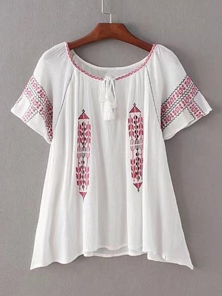 Romwe Tassel Tie Embroidery Top