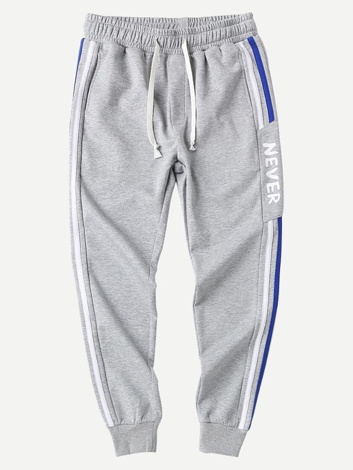 Romwe Men Letter Contrast Striped Drawstring Pant