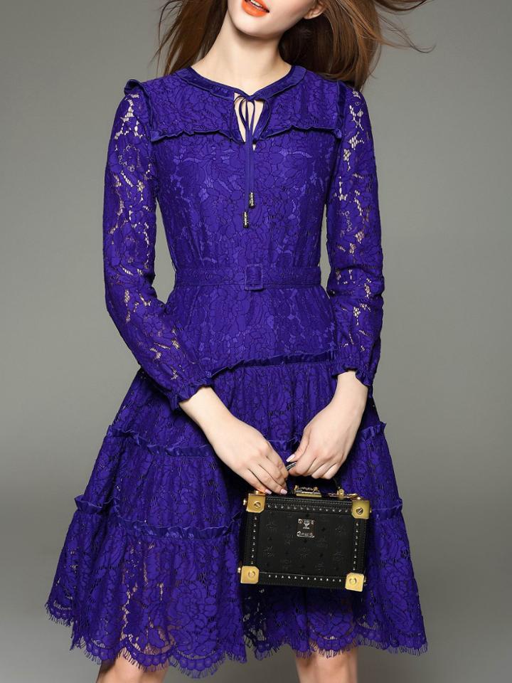 Romwe Purple Tie Neck Ruffle Belted Lace Dress