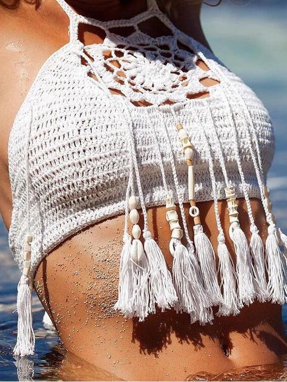 Romwe Halter Crochet Fringe Beaded White Bikini Top