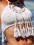 Romwe Halter Crochet Fringe Beaded White Bikini Top
