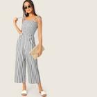 Romwe Shirred Bodice Striped Palazzo Jumpsuit With Tie Strappy