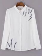 Romwe Leaves Embroidered White Blouse