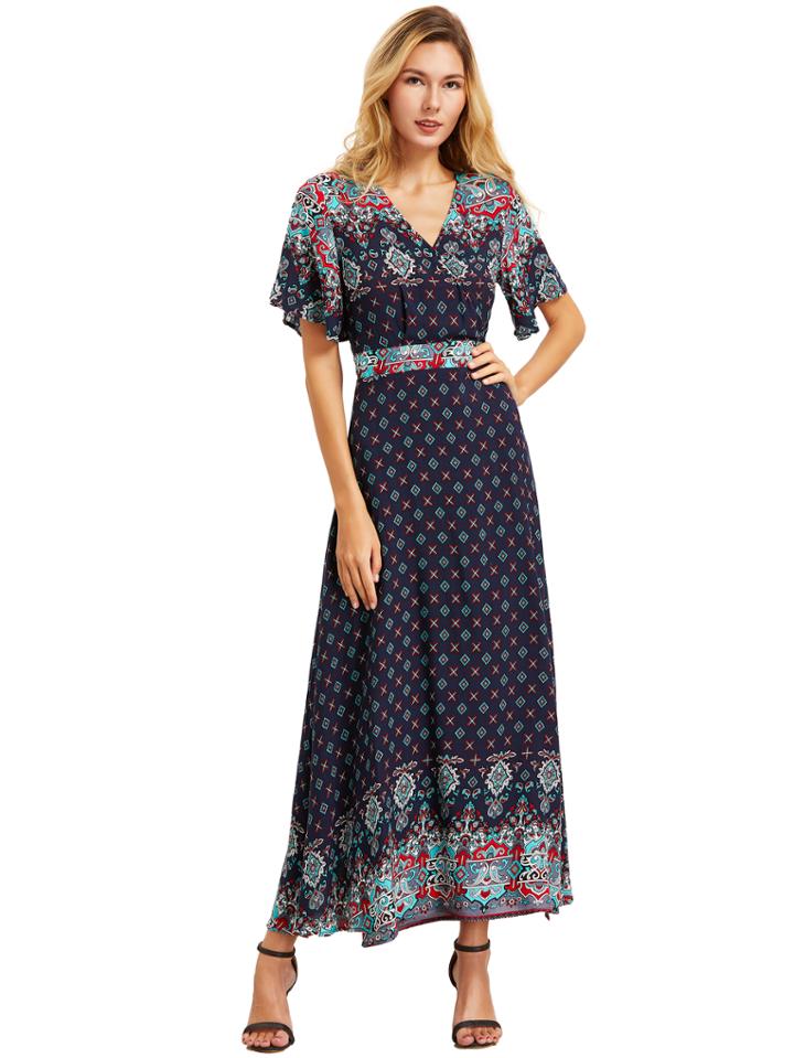 Romwe Green Print V Neck Half Sleeve Split Dress