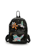 Romwe Bird And Floral Embroidered Sequin Backpack