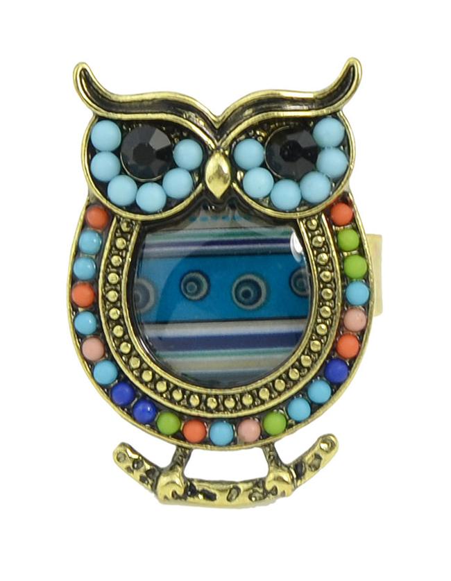 Romwe Blue Beads Adjustable Owl Rings