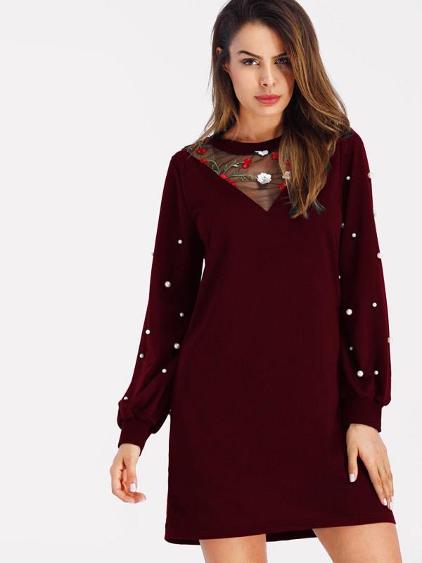 Romwe Embroidery Mesh Panel Pearl Beaded Sweatshirt Dress
