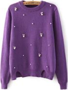 Romwe Bead Split Knit Purple Sweater