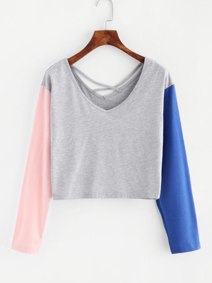 Romwe V Neckline Contrast Sleeve Criss Cross Back T-shirt
