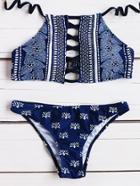 Romwe Navy Tribal Print Criss Cross Bikini Set