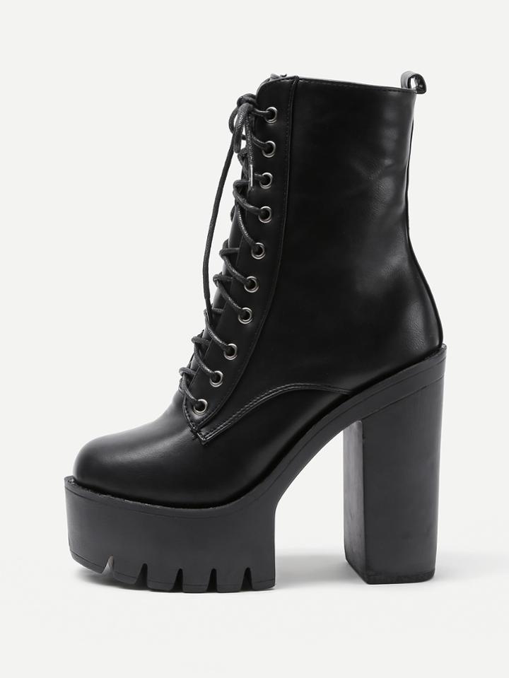Romwe Platform Lace Up Pu Heeled Boots
