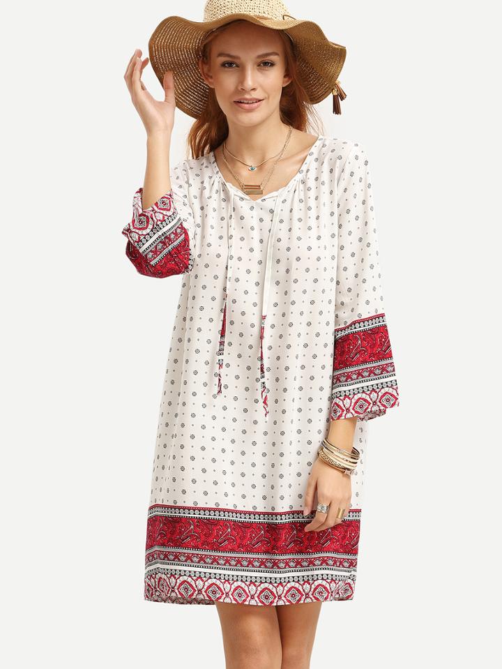 Romwe White Tie Neck Paisley Print Tunic Dress