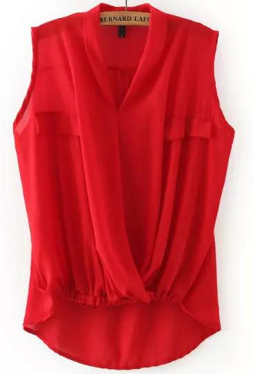 Romwe Red V Neck Cross Front Dip Hem Blouse