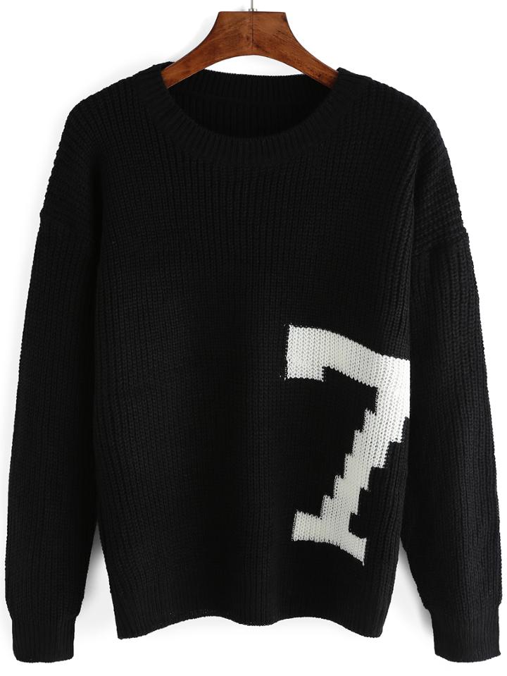 Romwe Dropped Shoulder Seam Number Print Jumper