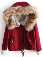 Romwe Red Fur Hooded Long Sleeve Drawstring Coat