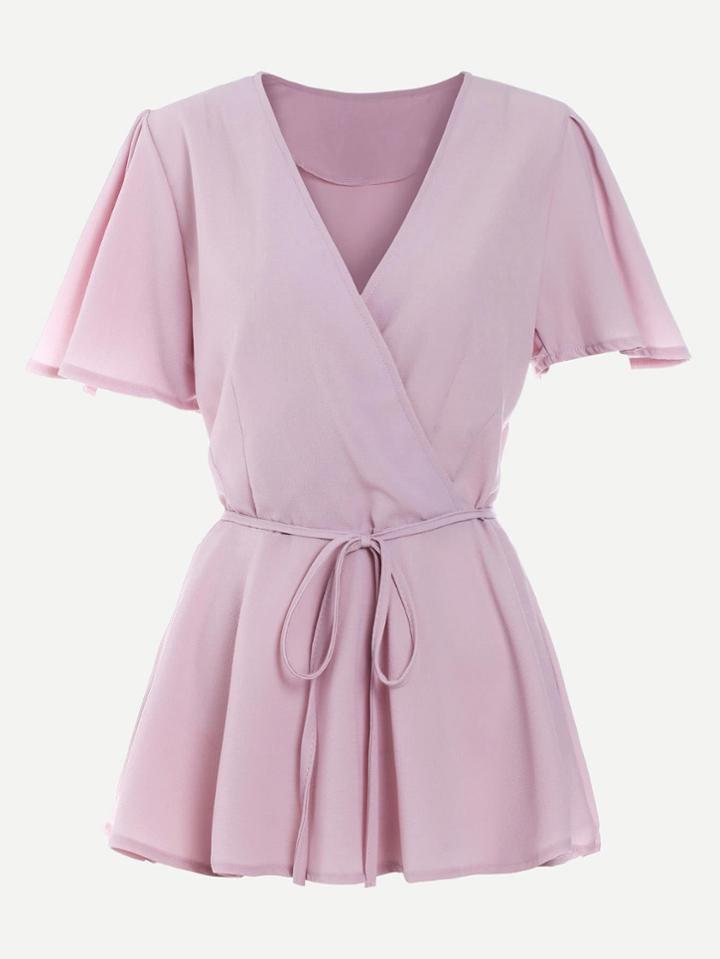 Romwe Surplice Neckline Puff Sleeve Tie Waist Top