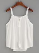 Romwe White Dotted Crochet Trim Keyhole Tie Neck Cami Top