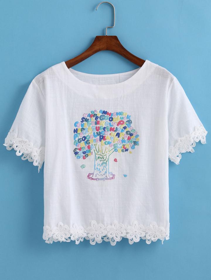 Romwe Letters Tree Print Crop Blouse