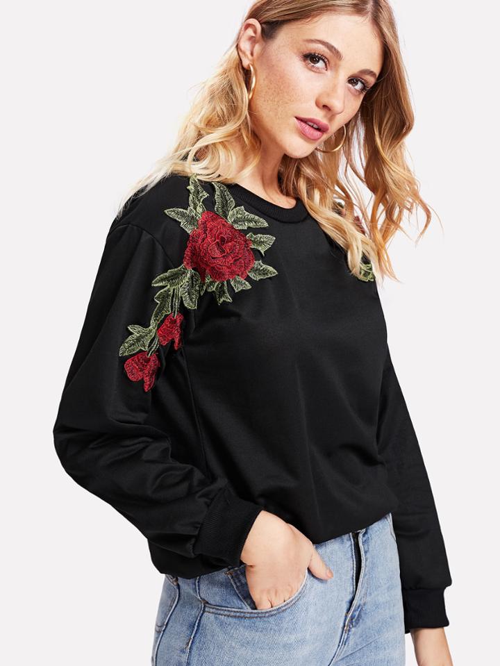 Romwe Rose Appliques Sweatshirt