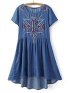 Romwe Dark Blue Embroidery Dipped Hem Dress