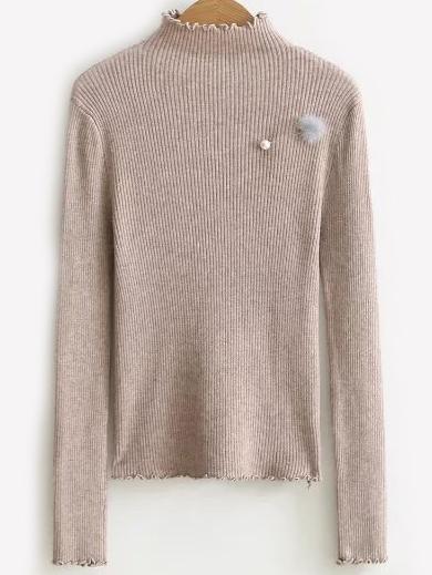 Romwe Apricot Pearl Embellished Knitwear With Faux Fur Ball