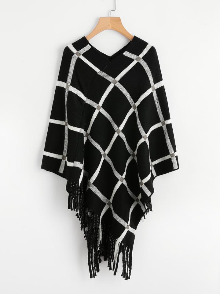 Romwe Tattersall Plaid Poncho Sweater