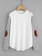 Romwe Elbow Patch Striped Sleeve T-shirt