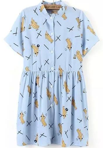 Romwe Stand Collar Banana Print Pleated Blue Dress