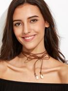 Romwe Coffee Bow Cowrie Shell Wrap Choker Necklace