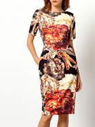 Romwe Multicolor Short Sleeve V Back Floral Dress