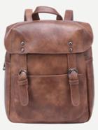Romwe Brown Double Buckled Strap Distressed Flap Backpack