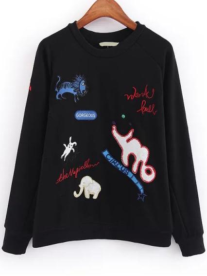 Romwe Animal Embroidered Black Sweatshirt