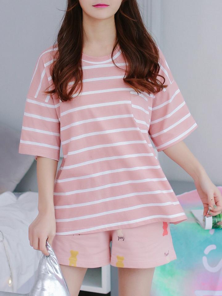 Romwe Drop Shoulder Striped Tee & Shorts Pj Set