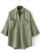 Romwe Green Lapel Buttons Front Pockets Blouse