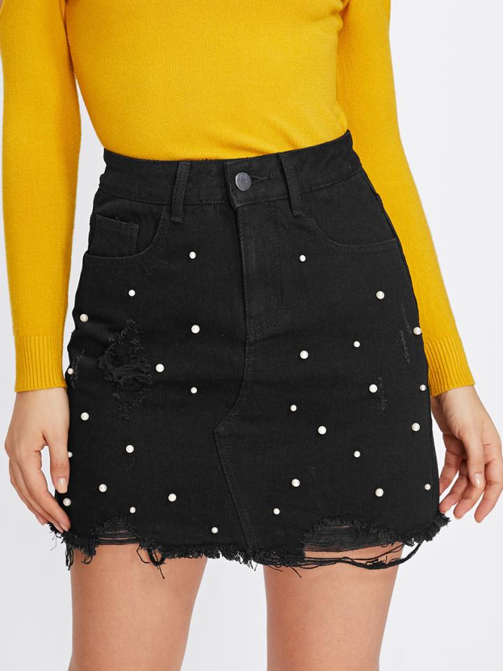 Romwe Pearl Detail Ripped Raw Cut Hem Skirt