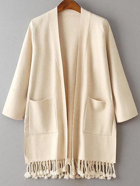 Romwe Beige Side Slit Fringe Hem Pocket Cardigan
