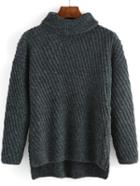 Romwe Dip Hem Turtleneck Slit Grey Sweater