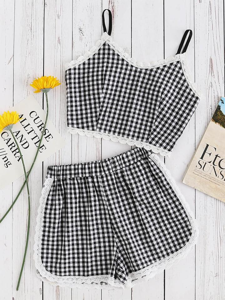 Romwe Checked Lace Trim Crop Cami Top With Shorts