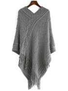 Romwe V Neck Geometric Patterned Fringe Grey Poncho