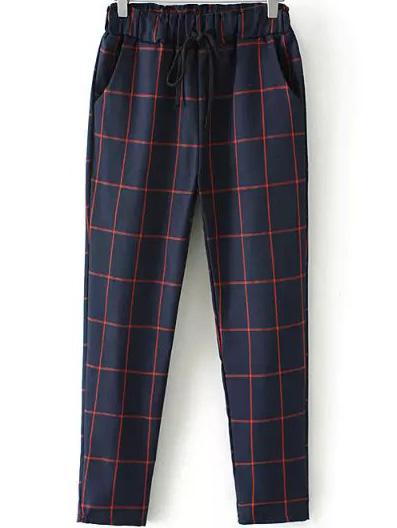 Romwe Elastic Waist Drawstring Plaid Navy Pant