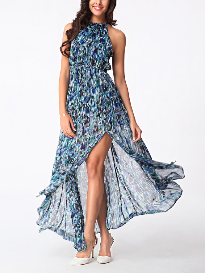 Romwe Printed Racer Neck Side Slit Chiffon Dress