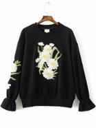 Romwe Black Daisy Embroidery Bell Sleeve Sweatshirt
