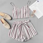 Romwe Shirring Back Striped Cami With Shorts