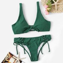 Romwe Ribbed Knot Front Top With Tie Side Bikini