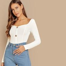 Romwe Button Front Sweetheart Ribbed Knit Tee