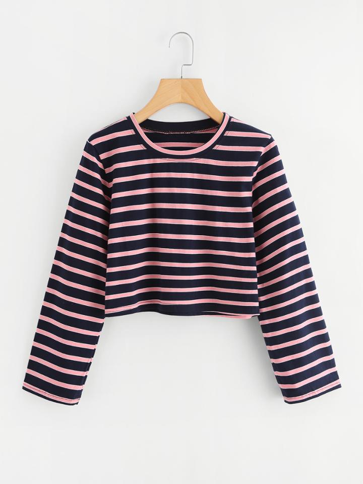 Romwe Contrast Striped Crop T-shirt