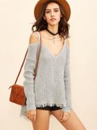Romwe Grey Cold Shoulder Waffle Knit High Low Sweater