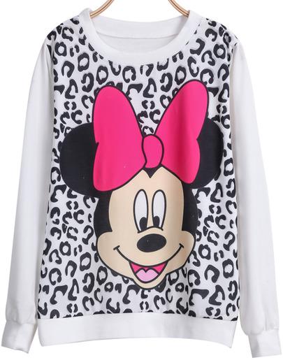 Romwe Hooded Mickey Leopard Print White Sweatshirt